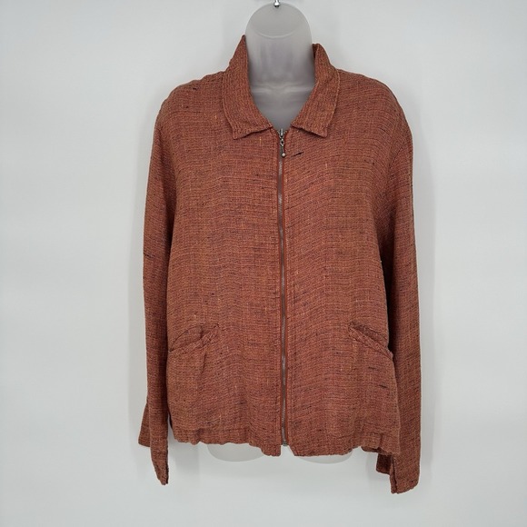 Flax Jackets & Blazers - Flax Linen Sz S Orange Tweed Zip Front Jacket Collared Oversized Lagenlook‎